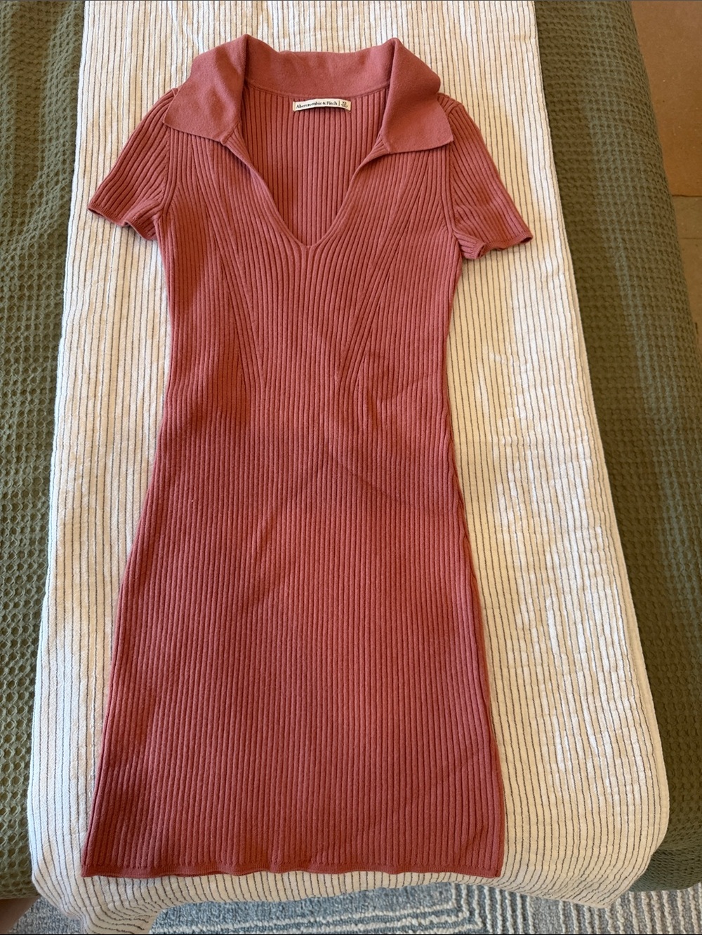Abercrombie & Fitch Ribbed V-Neck Polo Mini Dress in Dusty Rose